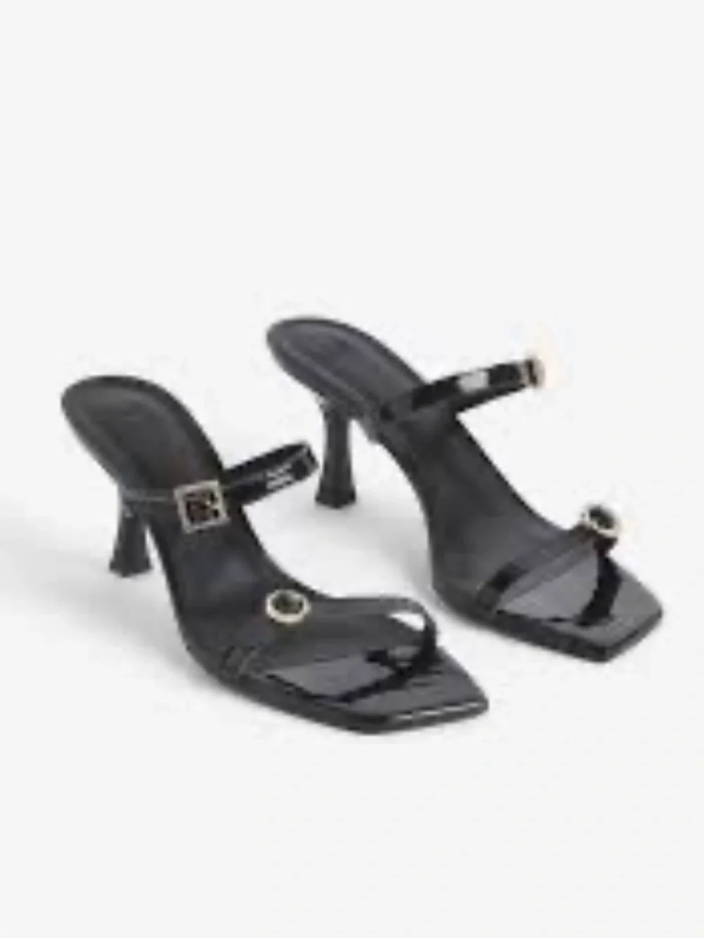 H&M Black Patent Strappy Mid-Heel Sandals with Gold Buckle - Picture 2 of 6